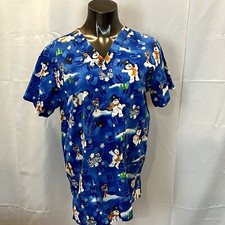 Frosty The Snowman M Blue V Neck Snowman Top Hat North Pole Snow Scrub Top