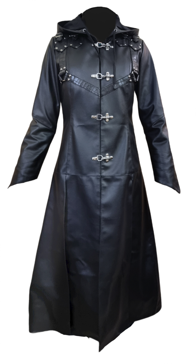 Womens Steampunk Style Trench Coat Black Real Leather Gothic Classic Hooded  Coat