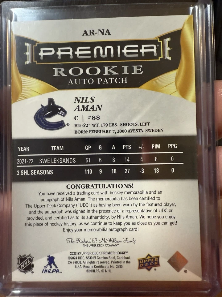 2022-23 Upper Deck Premier Gold Rookie Auto Patch Nils Aman 41/65 #AR-NA - Image 2 of 2