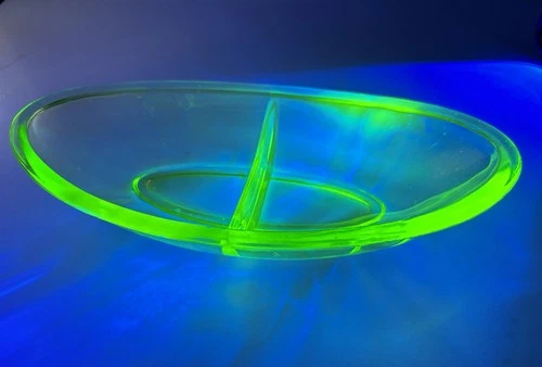 Vintage Green Uranium Depression Glass Oval Divided Relish Candy Nut Dish