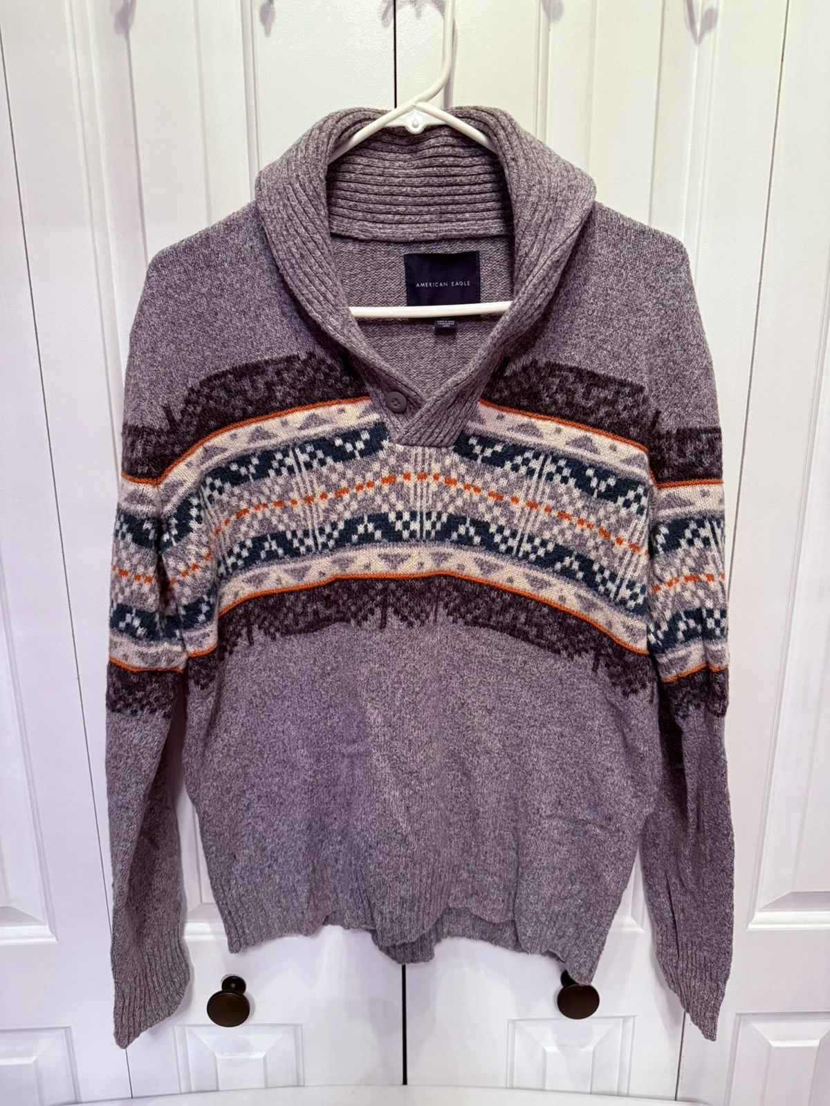 American Eagle Mens Sweater M Gray Geometric Shawl Collar Button Pullover