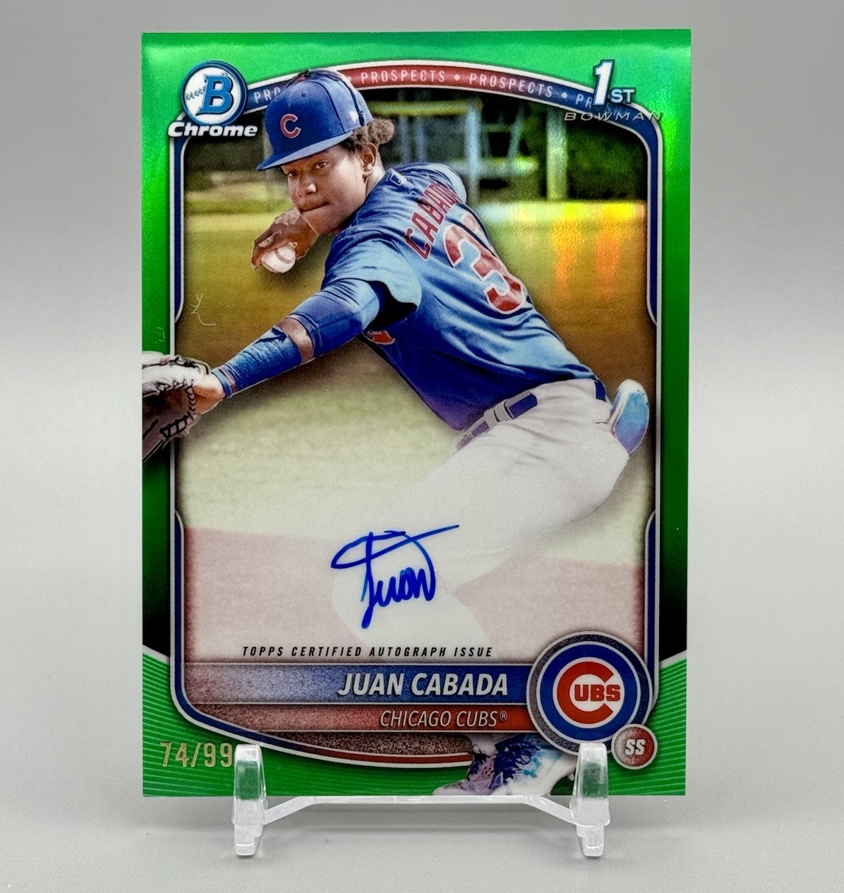 2025 Bowman Chrome Juan Cabada Auto 1st Prospect True Green Refractor /99