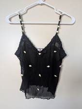 Mary Green Vintage Black Sheer Mesh Lace Cream Roses Slip Top Sz M 100 Silk