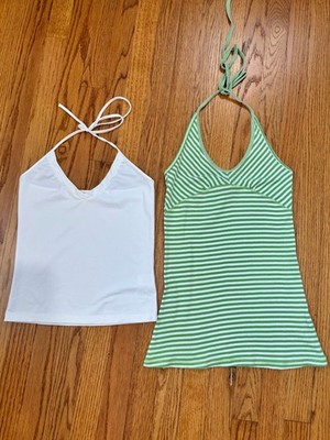 Vintage 90's Green White striped halter two layers tank tops