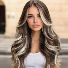 Human Hair New Fashion Layered Long Natural Golden Brown Wavy Women's Wigs 24in
