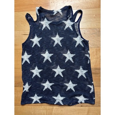 BIBI Tank Top Open Knit Women Medium Blue Star Cold Shoulder Tie Front USA
