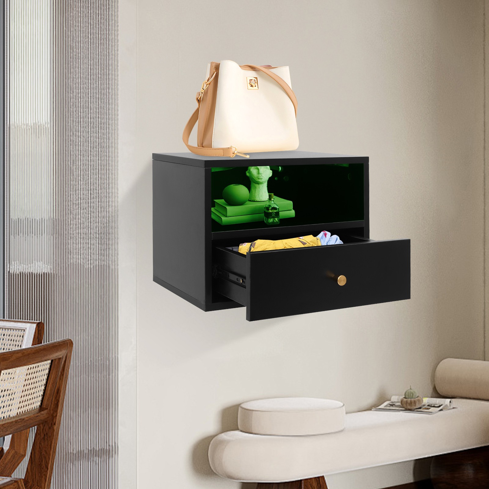 Wall-Mounted Floating Nightstand with Remote Control LED Lights and Slide-Out Drawers