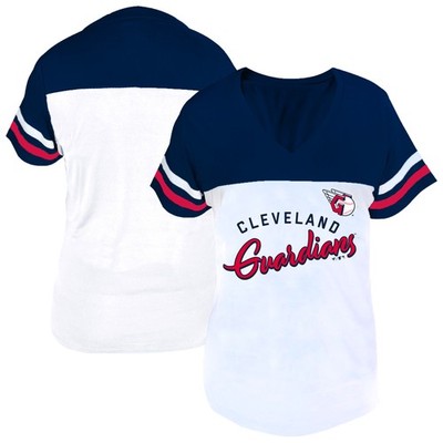 Women's Profile White/Navy Cleveland Guardians Plus Size Two-Stripe V-Neck
