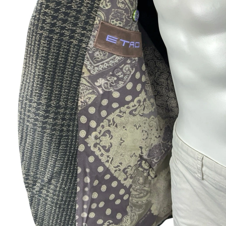 Etro Black Houndstooth Plaid Wool 2-Button Long Sleeve Blazer Coat Jacket 42 US - Image 3 of 4