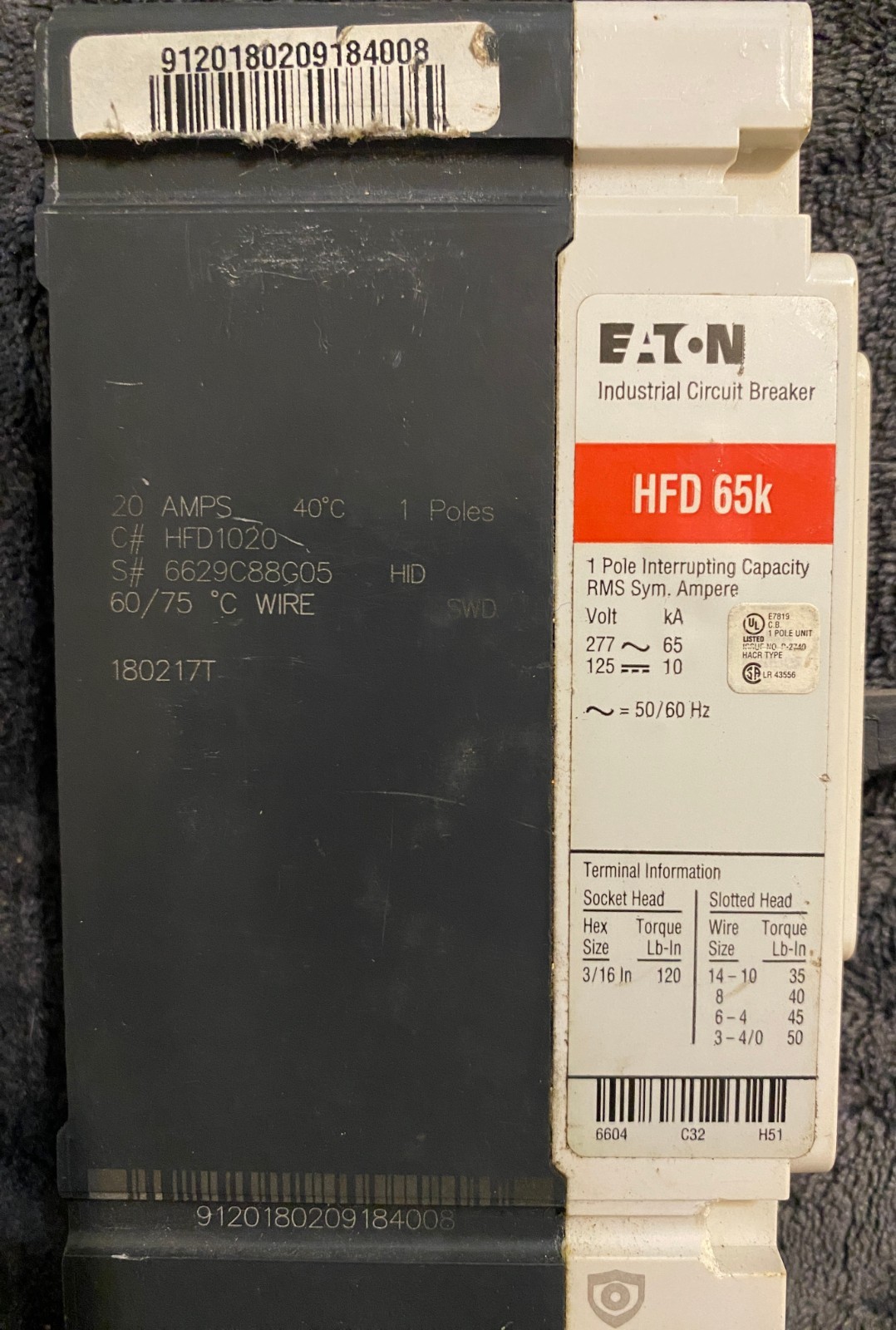Eaton HFD1020 Bolt-On Circuit Breaker 20A 277V 1P 1PH HFD 20 AMP 277 Volt 1 Pole