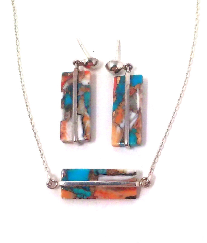 Turquoise Orange Spiny Oyster Copper Mojave Sterling Silver Pendant Earring Set
