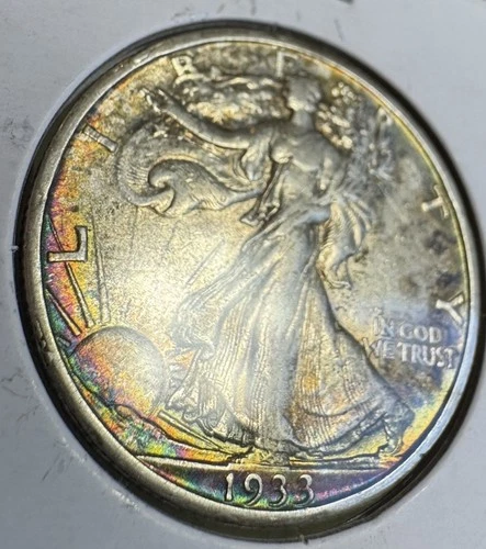 1933 S Walking Liberty Half Dollar. XF. Rainbow Band And Color!