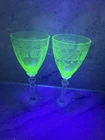 2 Etched Uranium Cordial Glasses Green Depression Vaseline