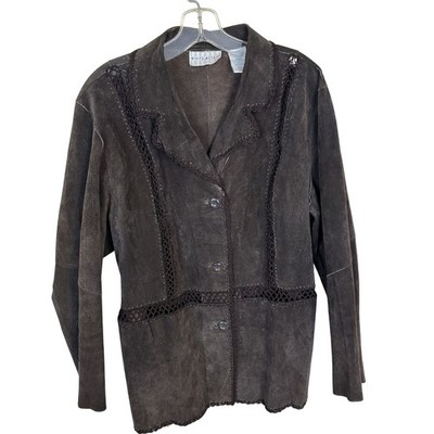 Vtg Y2K Womens Brown Leather Jacket Size 1X Button Up Open Weave Crochet Hippie