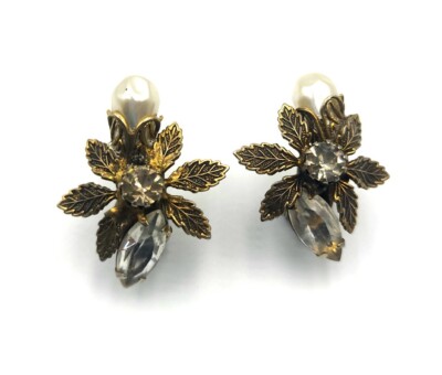 Haskell Hagler Style Antiqued Gold Tone Rhinestone Faux Pearl Clip On Earrings