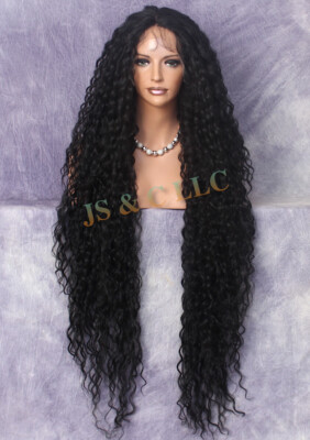 Human hair Blend Lace Front Wig 48'' Jet Black Baby Hair Water Waves WENP