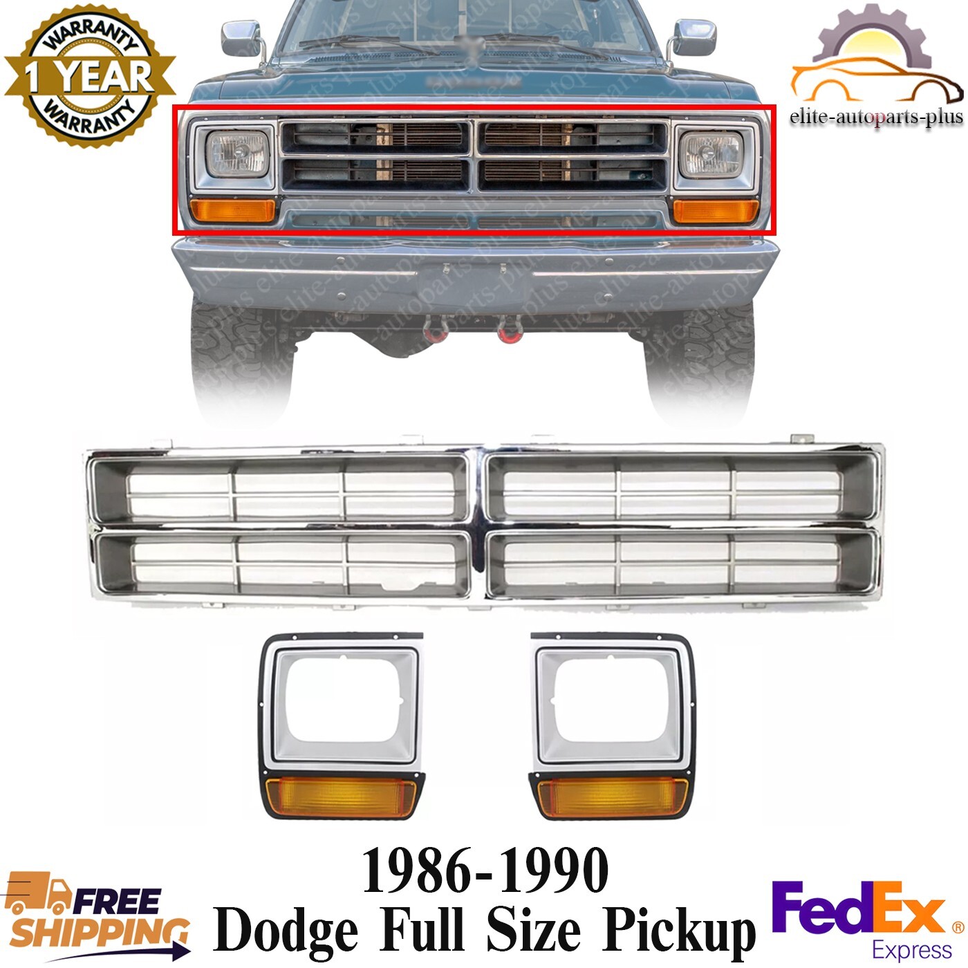Grille Chrome + Headlight Bezels LH & RH For 1986-1990 Dodge Full Size Pickup