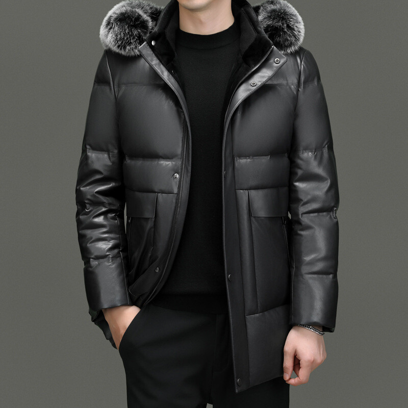 Leather Down Jacket Mens Mid-length Hooded Sheepskin Coat Fox Fur