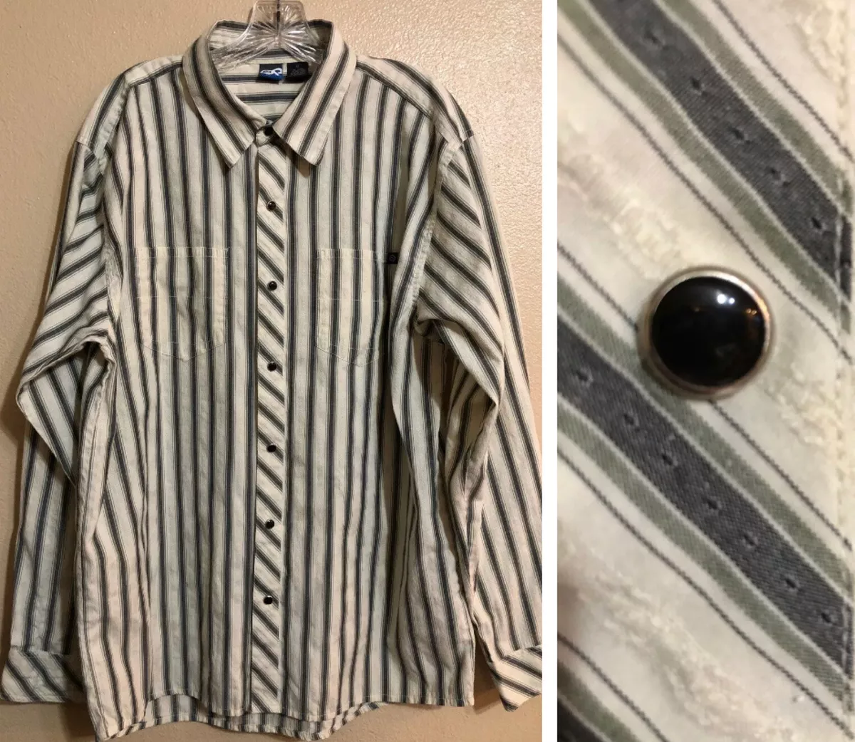 OP Riding Cream Gray Stripe Pearl Black Snap Long Sleeve Western Shirt XL