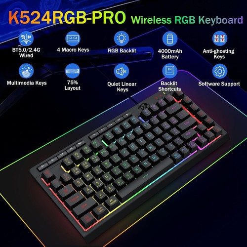 REDRAGON WIRELESS RGB GAMING KEYBOARD ON-BOARD MACRO KEYS BLUETOOTH/2.4GHz/USB - Picture 2 of 9