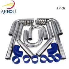 3" DIY Polished Intercooler Piping w/ U Pipe Blue Silicone Coupler + Clamp Kit