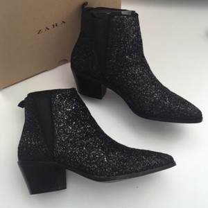 black glitter ankle booties