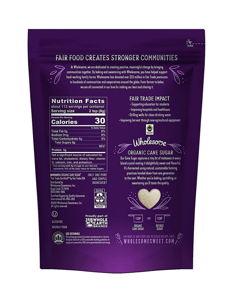 Wholesome Fair Trade Organic Cane Sugar 1 lb (Pack of 12) Natural