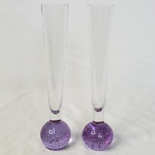 Pair Clear Bud Vases Purple Ball Bottom Bubbles  ~ 9 3/4” Tall