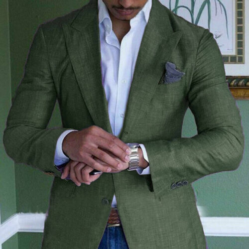 Green Men Linen Suit Summer Beach Casual Prom Party Dinner Tuxedo Wedding Suits - Picture 1 of 8
