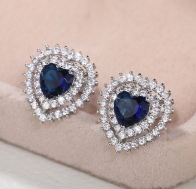 2.5 CT Blue Simulated Sapphire 925 Silver Plated Royal Heart burst Stud Earrings