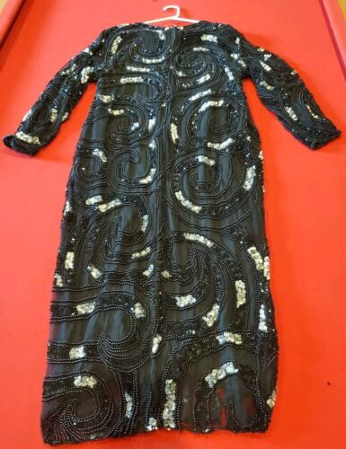 Abito in seta con perline nero e argento sera abito formale casa di moda Houston taglia S - Foto 12 di 12