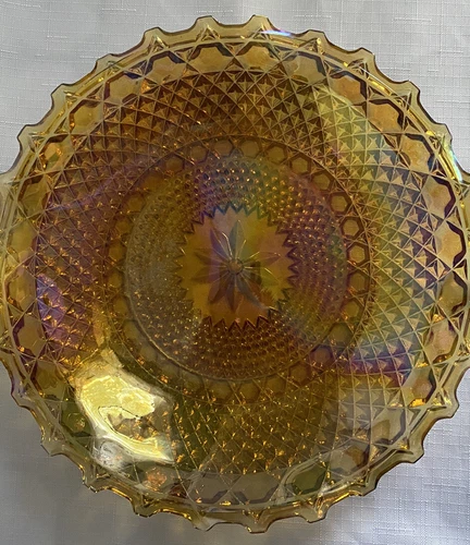 Vintage Indiana Glass Amber Carnival Crimped Bowl 10”