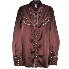 Roper Womens XL Silk Style Western Pearl Snap Embroidered Button Up Shirt B1077