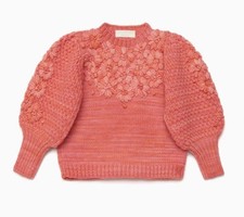 Ulla Johnson Ciel handknit floral embroidered sweater in Rose  merino wool 2Y