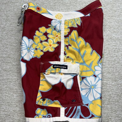 Abercombie Fitch Men's 34 Board shorts Red Hawaiian Floral Draw String