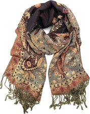 Metallic Tapestry Ethnic Paisley Pattern Pashmina Scarf Burgundy Gold Metallic
