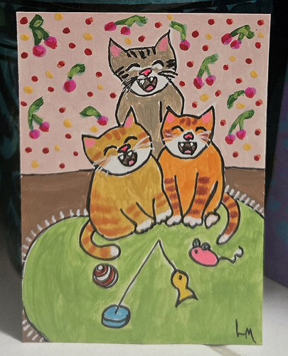 ACEO Original Kunst Gemälde Glückliche Katzen bekommen neues Spielzeug lächelnd OOAK ATC Mini Kätzchen
