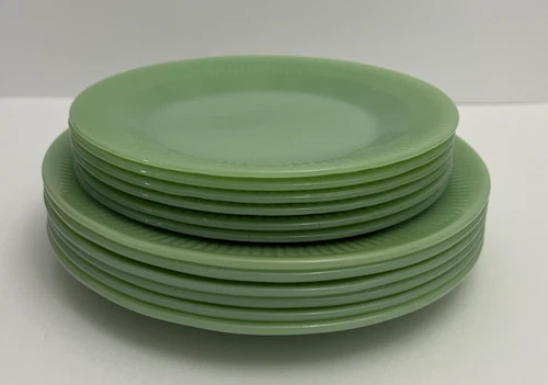 Vintage Green Fire King Ribbed 6 Salad Lunch, 6 Dinner Plates Jadeite Oven Glass