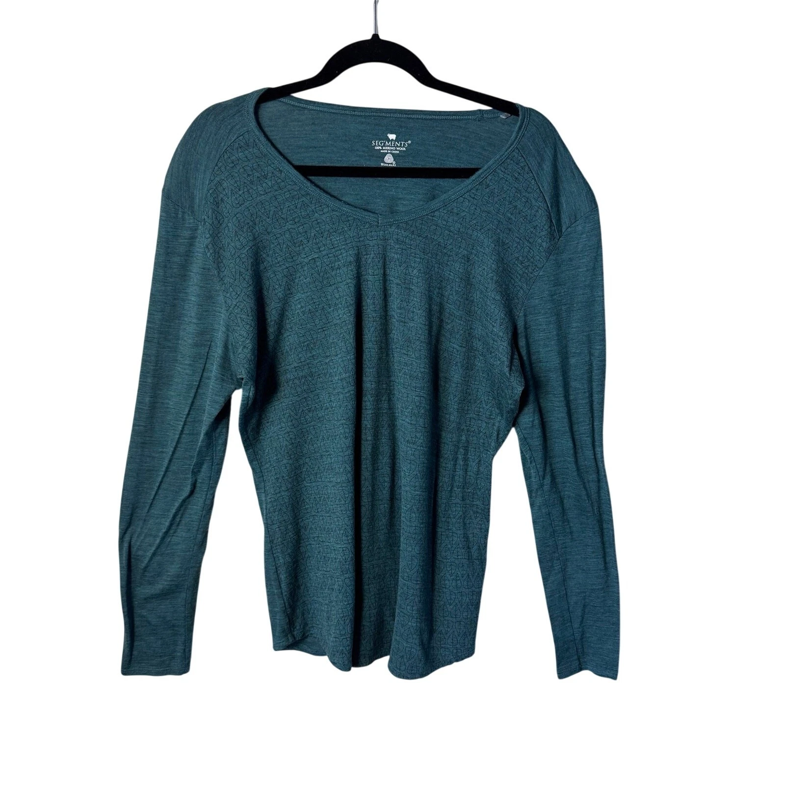 Segments Teal 100% Merino Wool Baselayer Top Long Sleeve V-Neck Shirt Pattern XL
