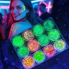 12 Colors Glow in the Dark Glitter Gel, UV Face Body Hair Makeup