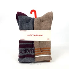 Lucky Brand 5 Pair Mens Crew Socks Size 6 12 New Brown Grey Cream Casual Soft 