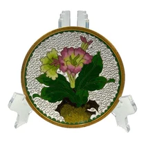 Small Brass Cloisonné Trinket Dish: Pink Floral on White Clouds Chinoisserie