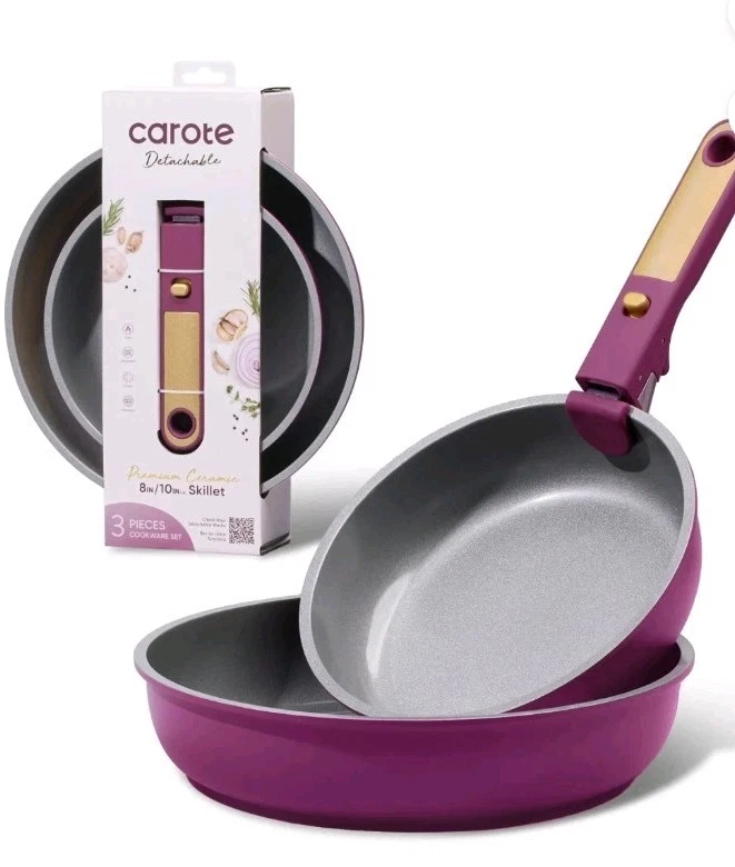 CAROTE 3-Piece ~ 8" & 10" Skillet Set w/Detachable Handle ~ Aluminum ~ PURPLE