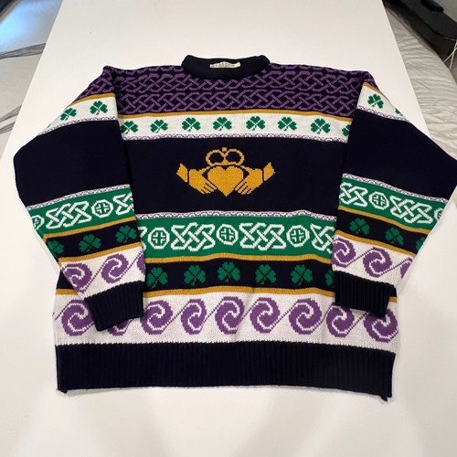Vintage Blarney Woollen Mills XL Irish Claddagh Shamrock Celtic Knit Sweater