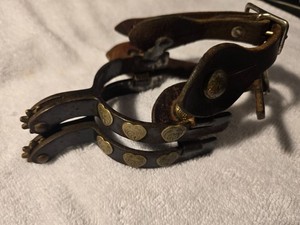 Vintage Western Cowboy Spurs With Engraved (Silver?) Hearts With Leather Straps 