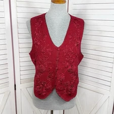 Vntg 90s Heirloom Collectibles Sweater Vest Red Medium Embroidered Beaded V Neck
