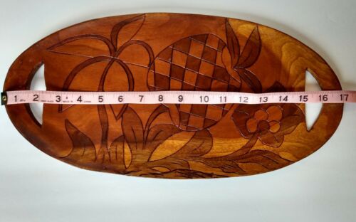 SERVING TRAY Hand Carved Rustic Oval Pineapple Flowers Island Decor 17" X 8.5" - Picture 3 of 8