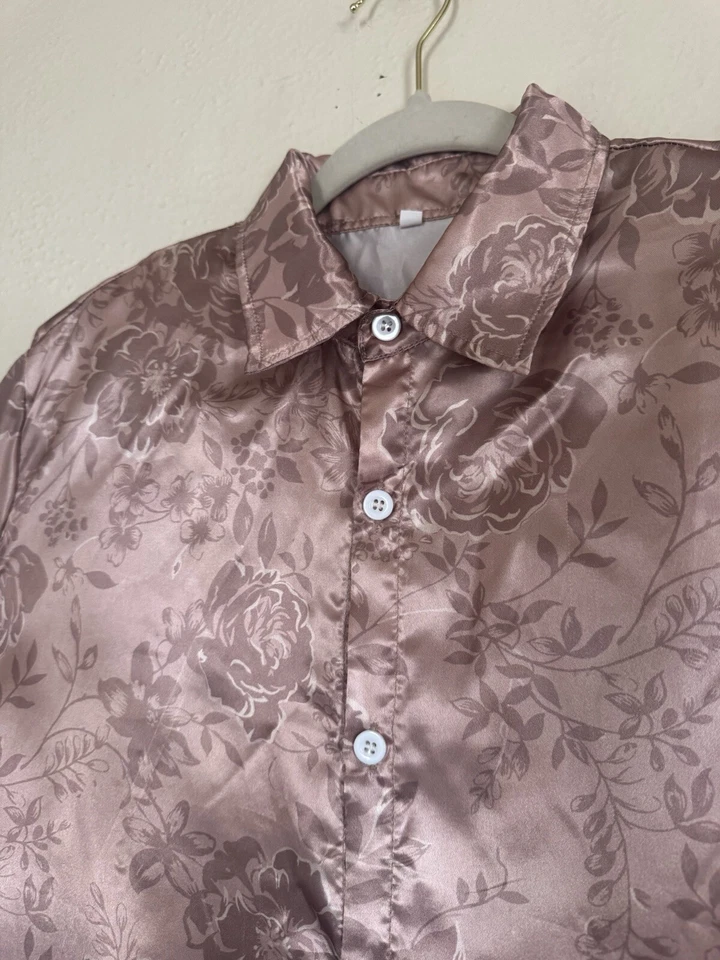 男式缎面花卉纽扣短袖领衬衫轻便夏季 — 第 4/4 张图片