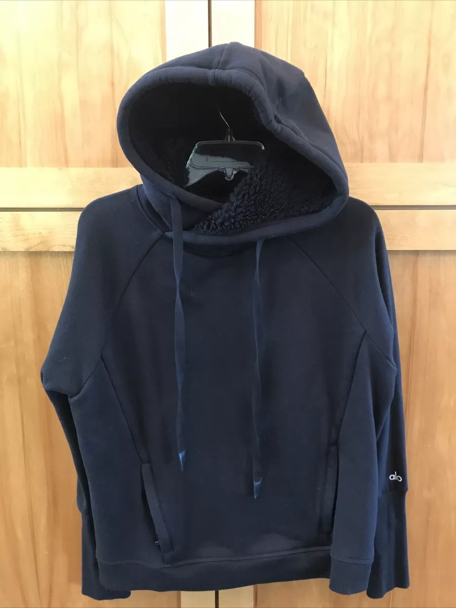 Alo Yoga Women S Chill Sherpa Pullover Hoodie Cargo Sweater Black Blue Pockets