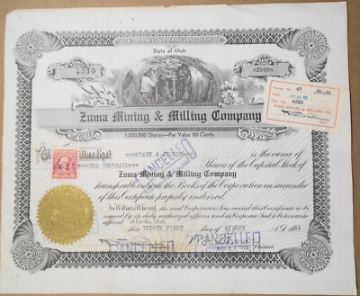 Zuma Mining & Milling Company - Aktienzertifikat, 31. August 1951